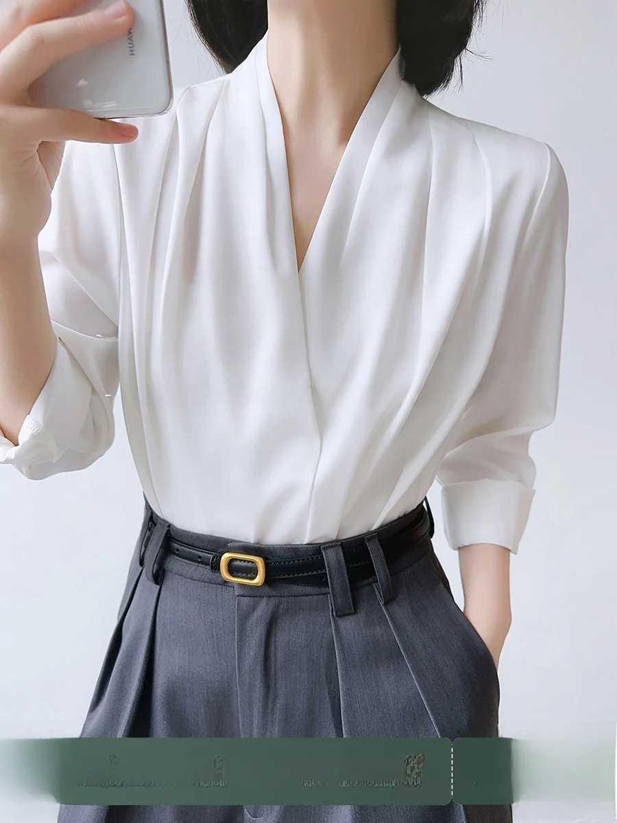 

XALI Women's Satin V-neck Shirt Professional Commute OL Style Long Sleeve White Color for Interview Occasion Fashionable Top