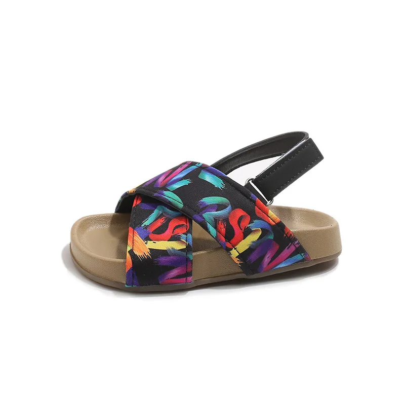 

2026 Summer New Leather Cross-Strap Sandals for Girls Children's Letter Graffiti Beach Shoes