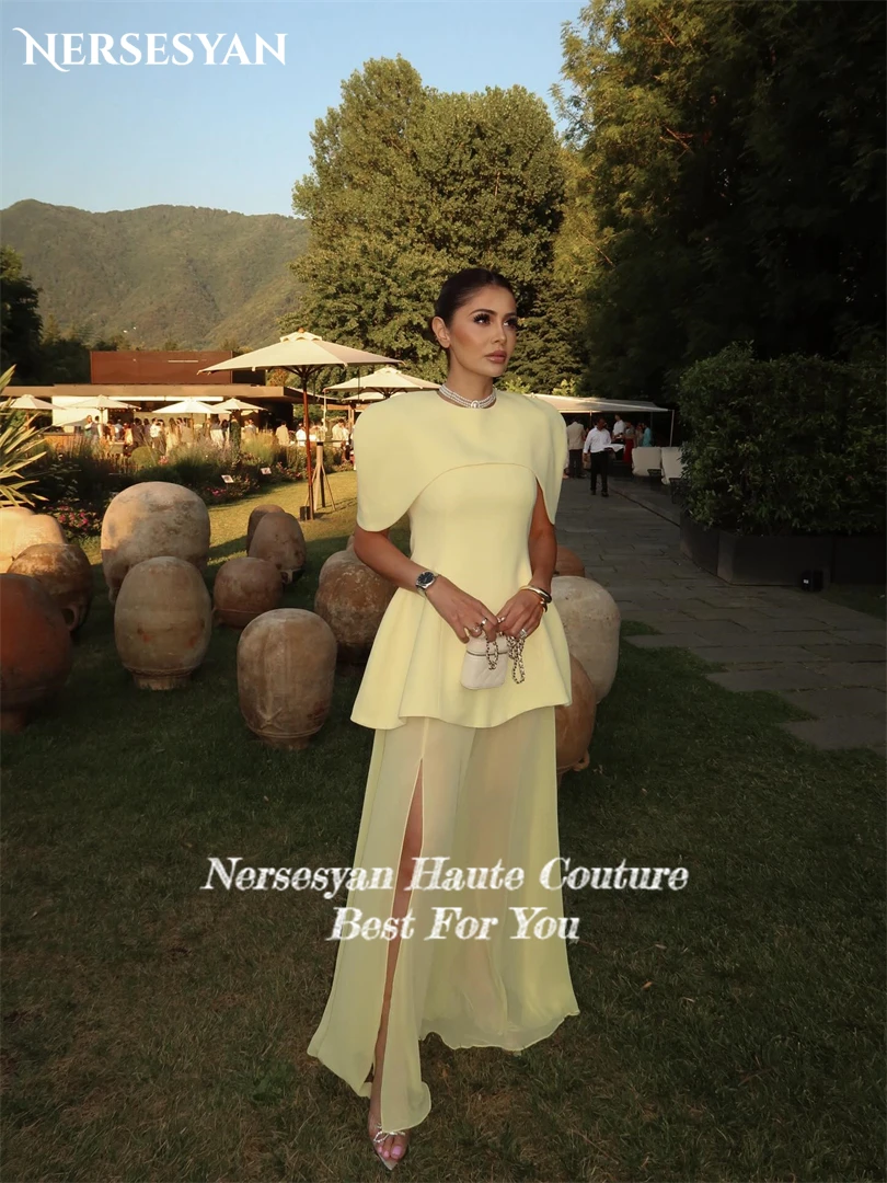 Nersesyan Yellow Luxury Prom Dresses Side Slit Ruffles Cap Sleeves Formal Evening Dress A Line Guest Party Gowns 2025 Customized