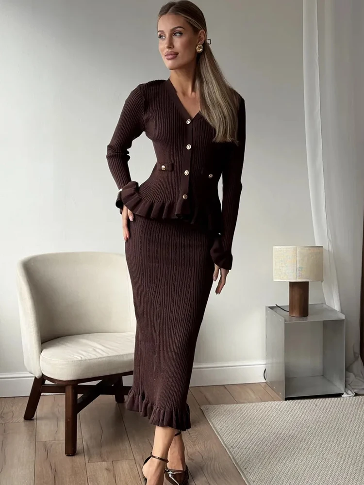 Elegant Women's Knit Dress Set with Ruffled Cardigan & Skirt