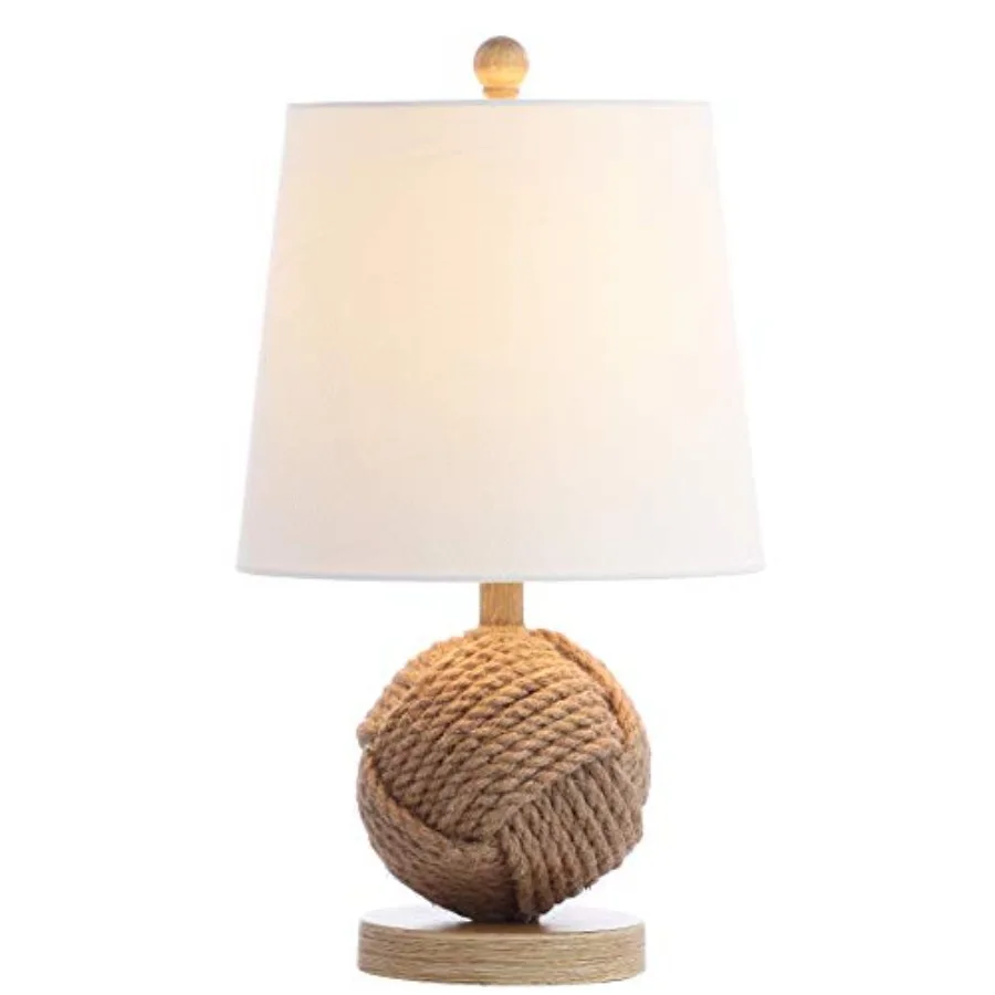 Lámpara de Mesa LED de 18 Pulgadas con Diseño de Bola de Cuerda de Puño de Mono Natural, Lámpara Decorativa Náutica Costera de Hierro y Cuerda para Sala de Estar y Dormitorio, Blanco Lino