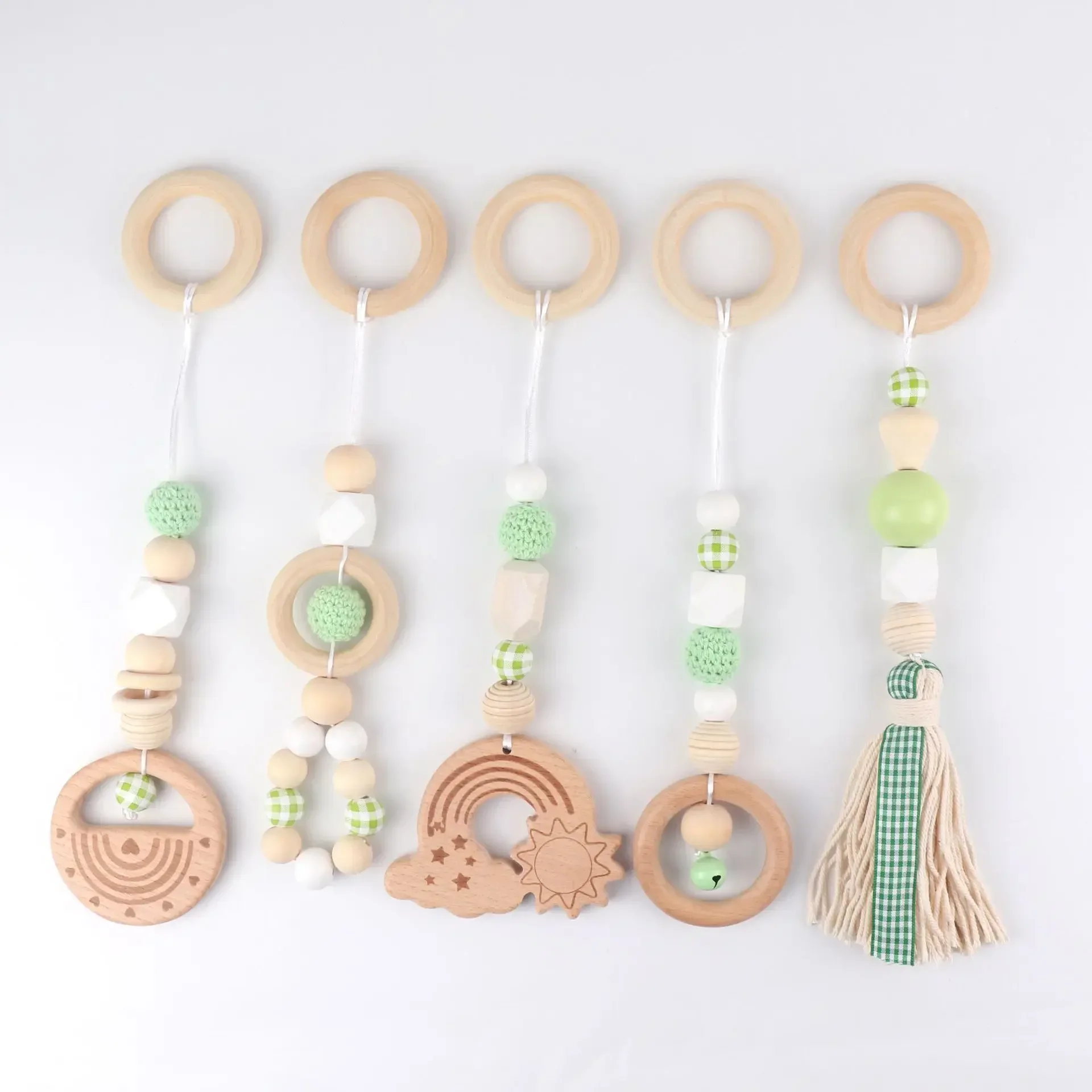 5pcs Baby Play Gym Frame Wooden Beech Activity Gym Frame Stroller Hanging Pendants Toys Teether Ring Nursing Rattle Room Decor