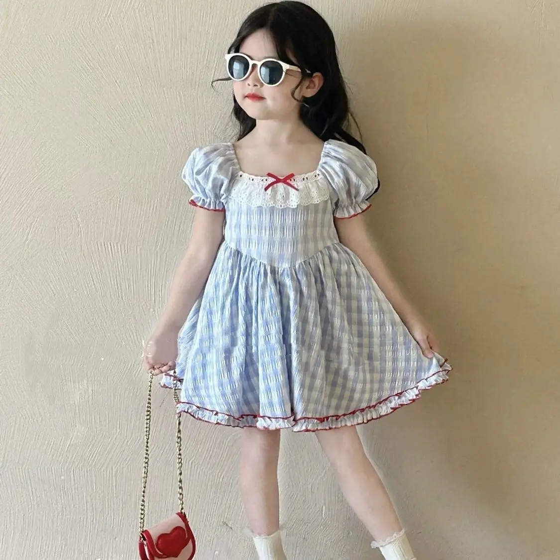 Baby Girls Summer Square Collar Blue stripes Princess Lace Self-cultivation Dress Birthday Holiday Party Children Clothes