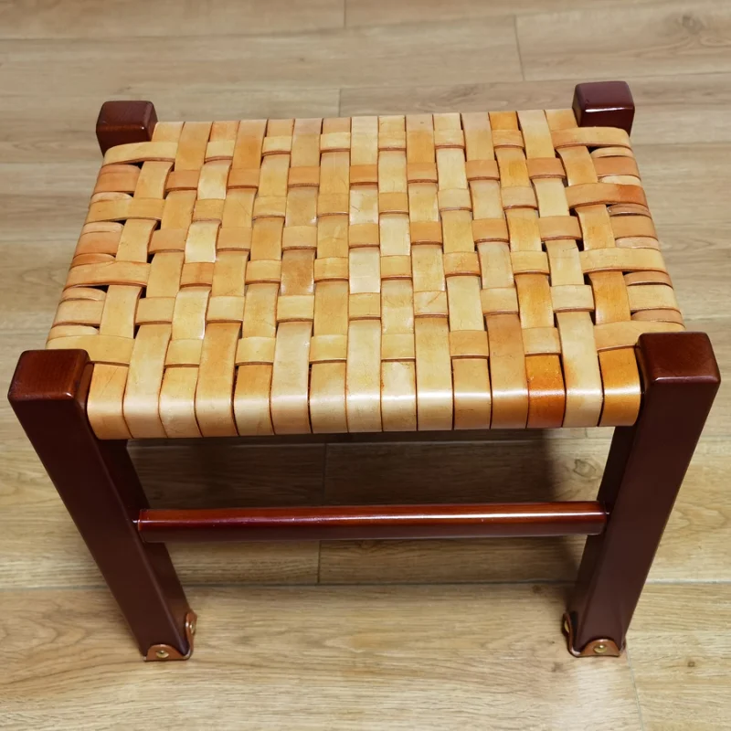 Modern light luxury low stool first layer cowhide dressing, shoe change, retro cowhide solid wood