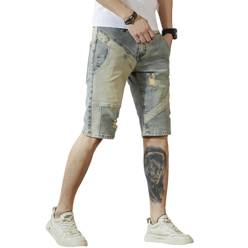 Summer Thin Retro Make Old Ripped Denim Shorts Men\'s Slim Stretch Patchwork Stitching Patch Casual Cropped Pants