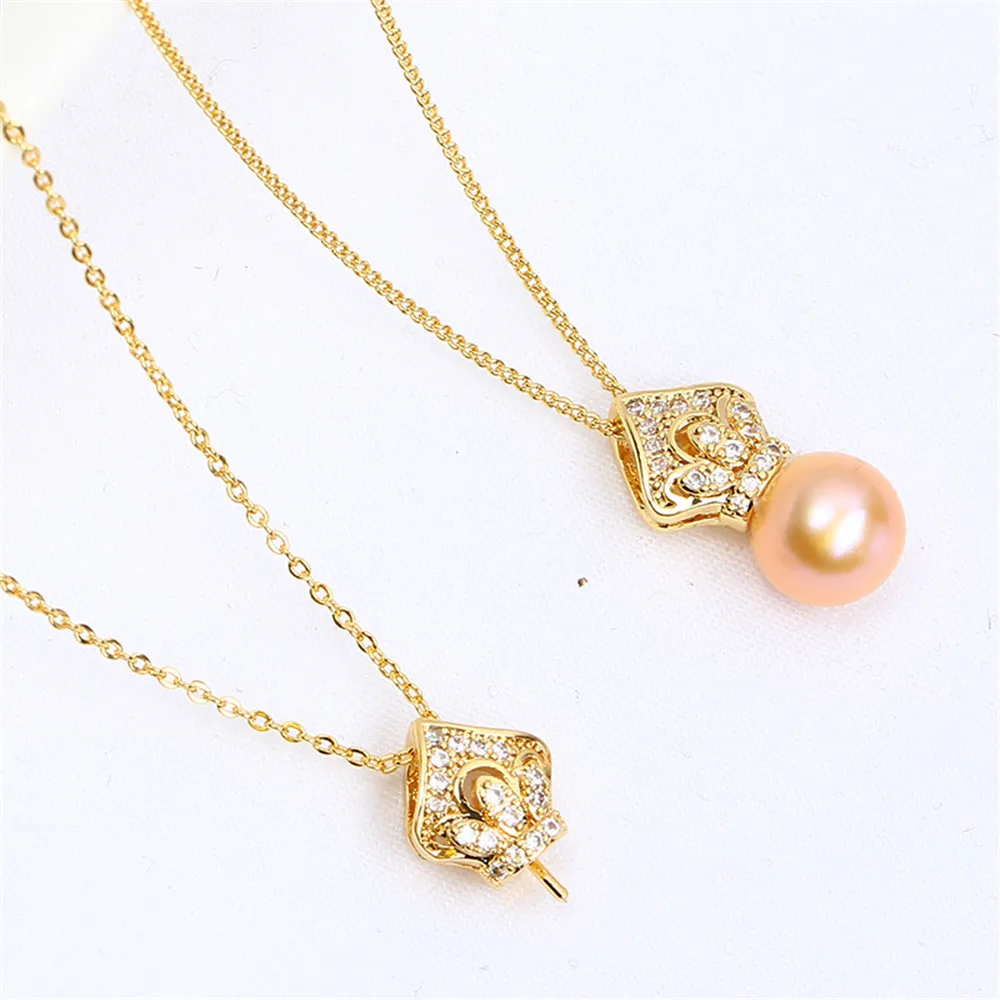 Domestically Produced 14k Gold Color Crown Pearl Zircon Necklace Pendant with DIY Empty Holder Accessories, Atmospheric