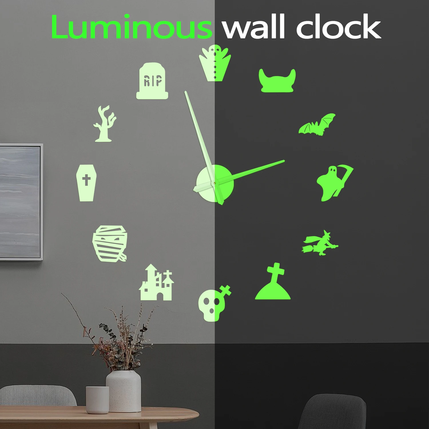 Halloween Spooky Silhouette DIY Big Wall Clock Glow in Dark Ghost Skull Haunted House Decor Frameless Night Visible Wall Clock
