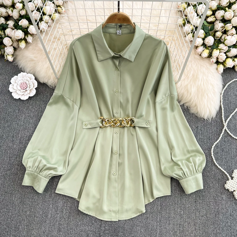 Spring Women Blouses Lantern Sleeve Turn-Down Collar With Belt Female Shirts Vintage Elegant Temperament Ladies Mid-Length Tops