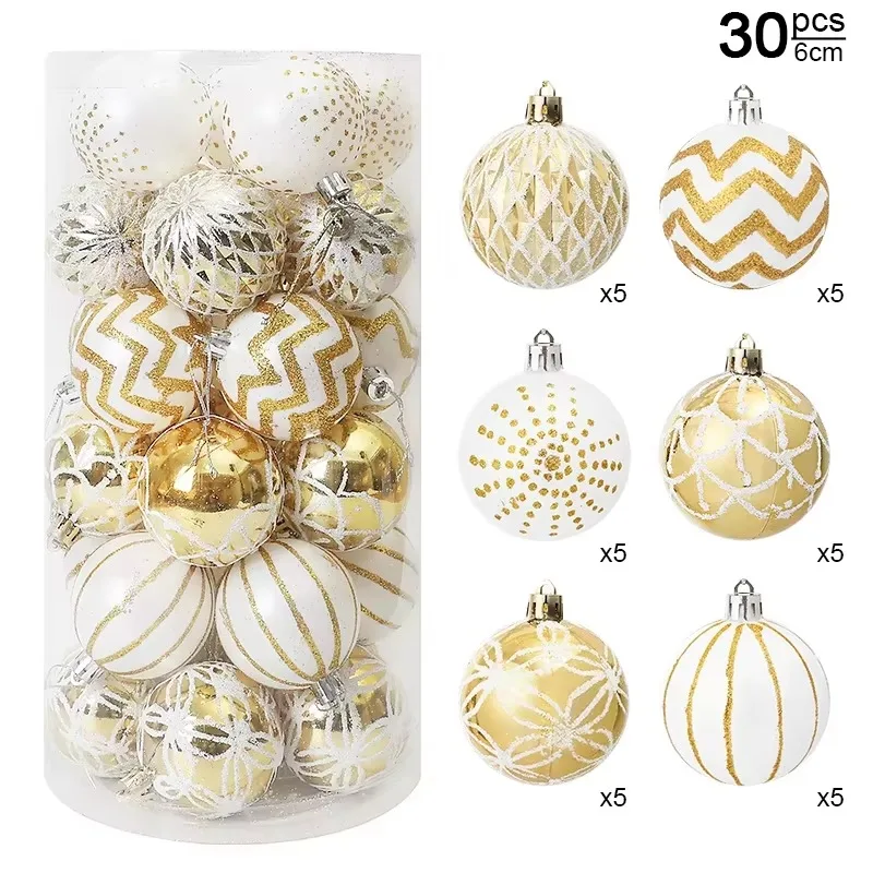 30pcs 6cm Gold White Christmas Balls Ornament Xmas Tree Hanging Pendant New Year Home Party Hanging Decoration