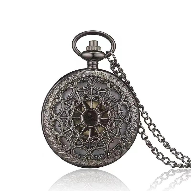 Vintage bronze heart-shaped cobweb clamshell quartz pocket watch necklace Pendant Handmade clock souvenir gift for men and women