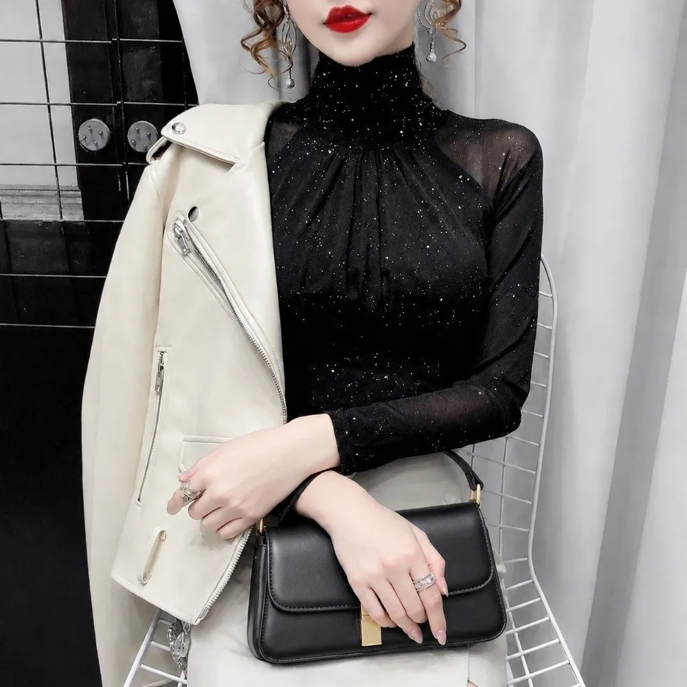 Elegant Mesh Lace Blouse Glitter Detail Fleece‑Lined Option Mesh Top Slim Fit Ruched Front Long Sleeve Shirt Daily Wear