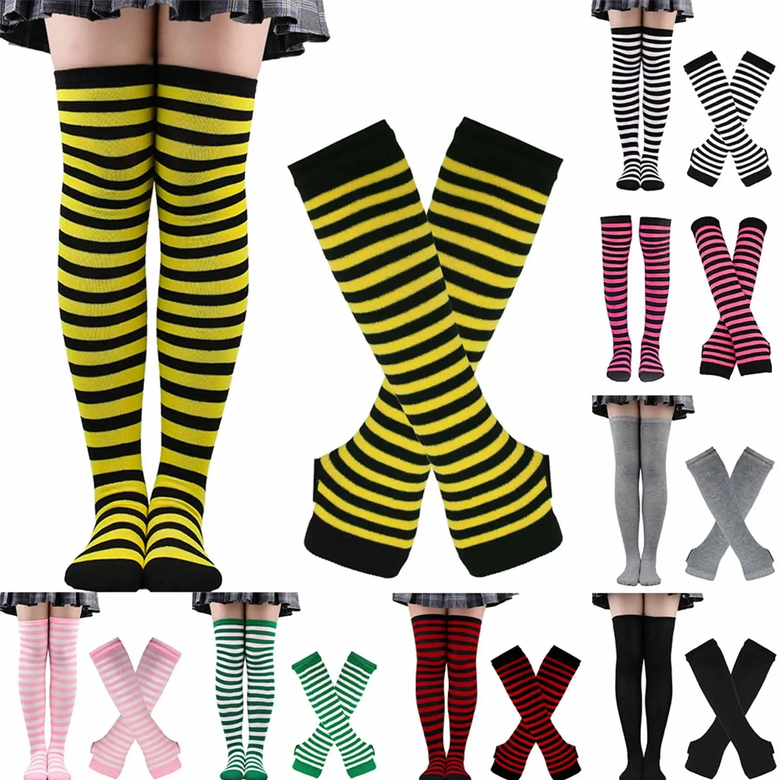 Women Girls Over Knee Long Stripe Printed Thigh High Striped Cotton Socks Gloves Sweet Cute Plus Size Overknee Socks Long Gloves