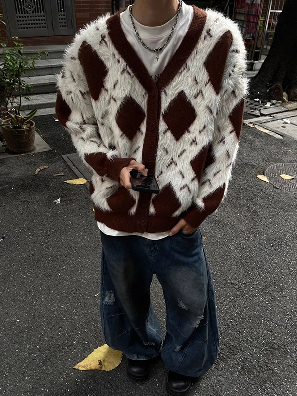 

Retro American Color Blo Diamond Open Cardigan Sweater Men Women Loose Casual College Sle V Ne Knitted irt