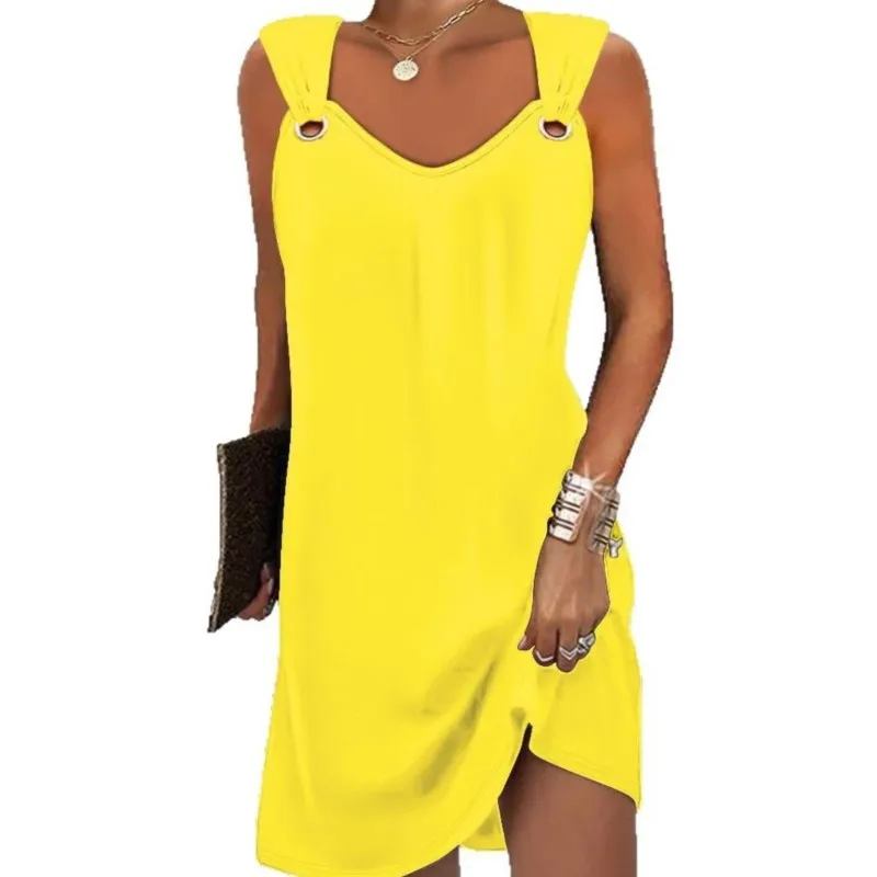 Women Summer Casual Dresses 2025 Elegant Simple Style Solid Color Metal Button V-neck Sleeveless Dress Female Sexy Midi Vestidos