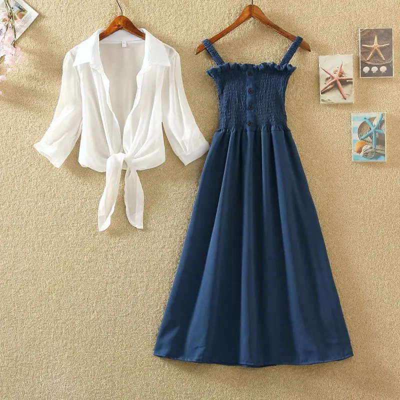 French Vintage Two Piece Set Summer Women Short Jacket Coat + Midi Dress Suits Casual Ladies 2 Piece Set
