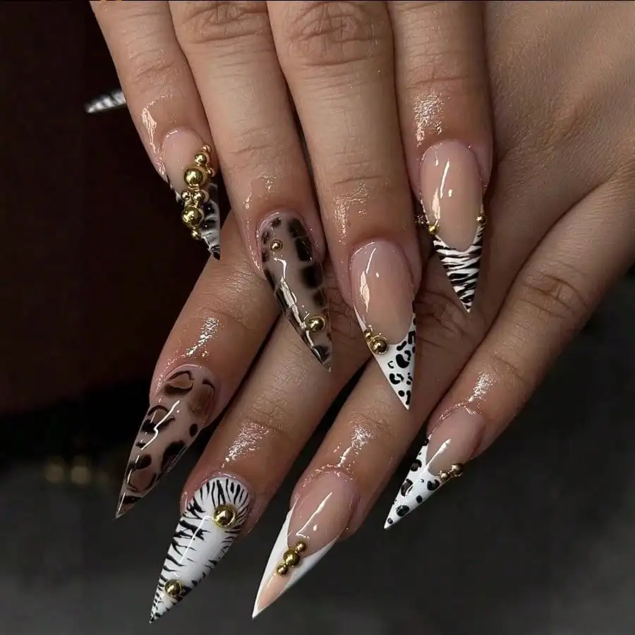 

24Pcs Leopard Print Stiletto Press On Nails, Gold Ball Reusable Odorless, For Party Work Daily