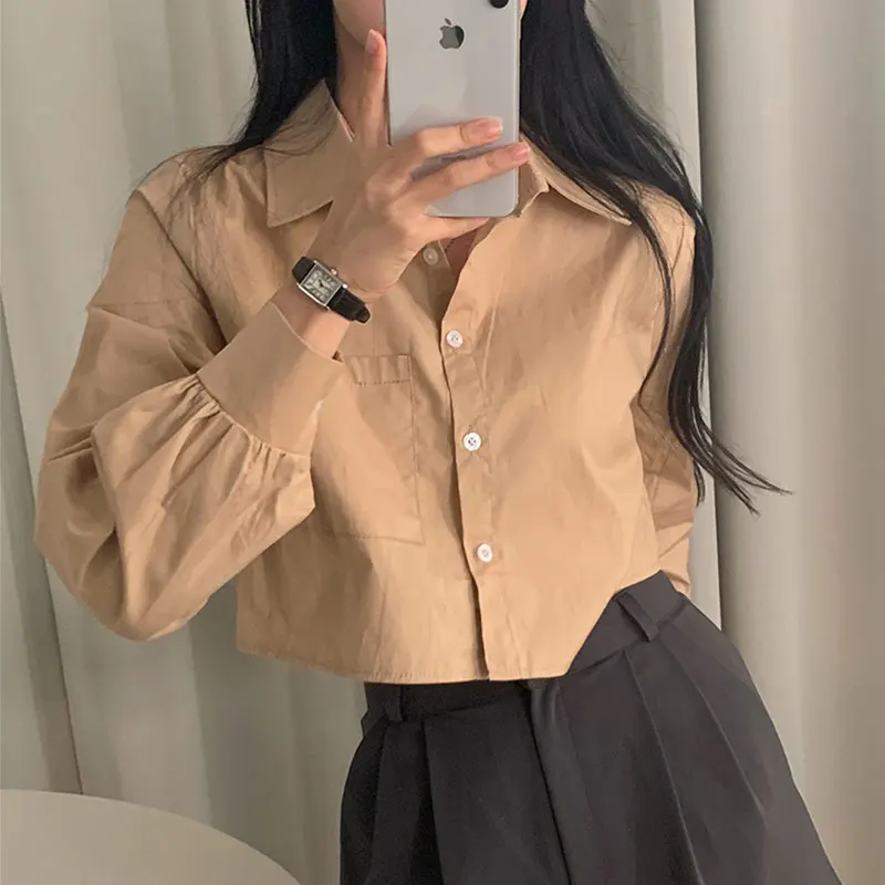 

Chic Casual Pure Color Loose Long Sve ort irt Women's Top Simple Turn-down Collar Versatile Spring Autumn Faion