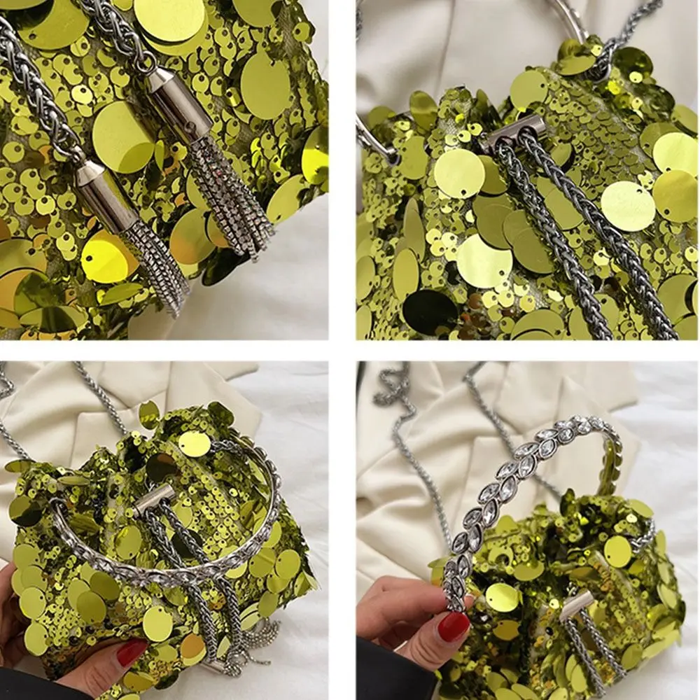 Mini Sequin Shoulder Bag Fashion Bucket Shiny Handbags Tassel Underarm Chain Crossbody Bags with Round Handle for Women Girl
