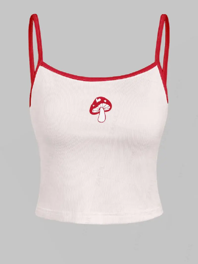 

ZAFUL Women's Contrast Binding Mushroom Pattern Ribbed Knit Casual Spaghetti Strap Short Cami Tank Top