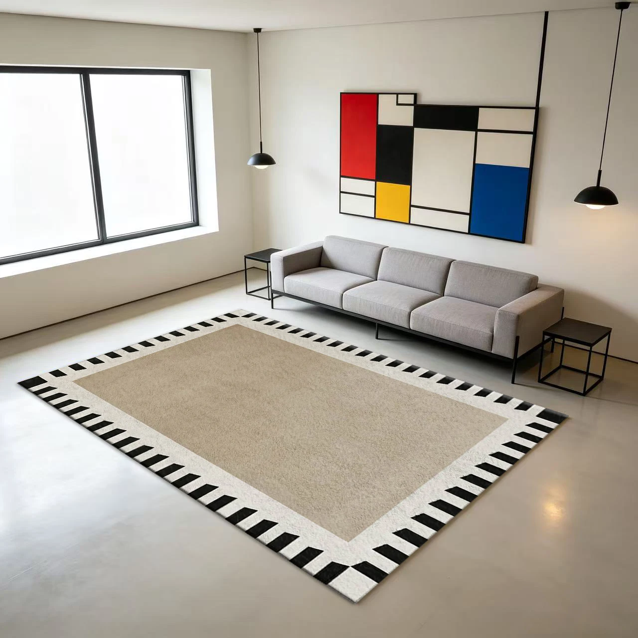 Neutral Beige Geometric Border Carpet Flooring, Modern Simple Non-Slip Area Rug for Living Room Dining Room Home Decor