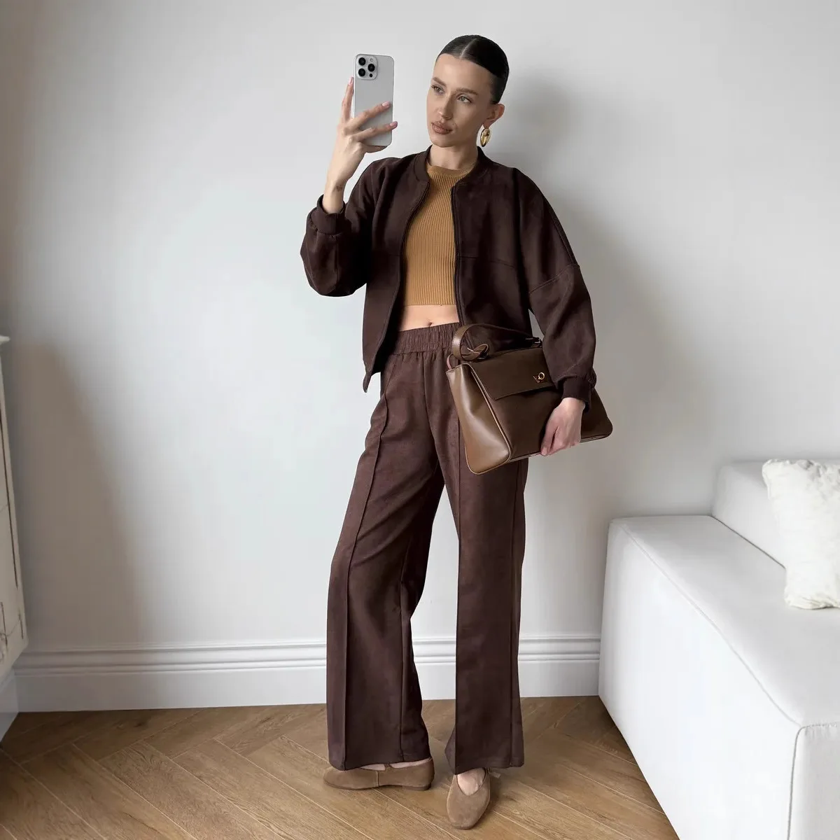 Women's Trousers 2 Pcs Suits O-neck Zipper Lantern Long Sleeve Suede Jackets High Waist Wide Leg Pants Autumn Ladies New Outfits