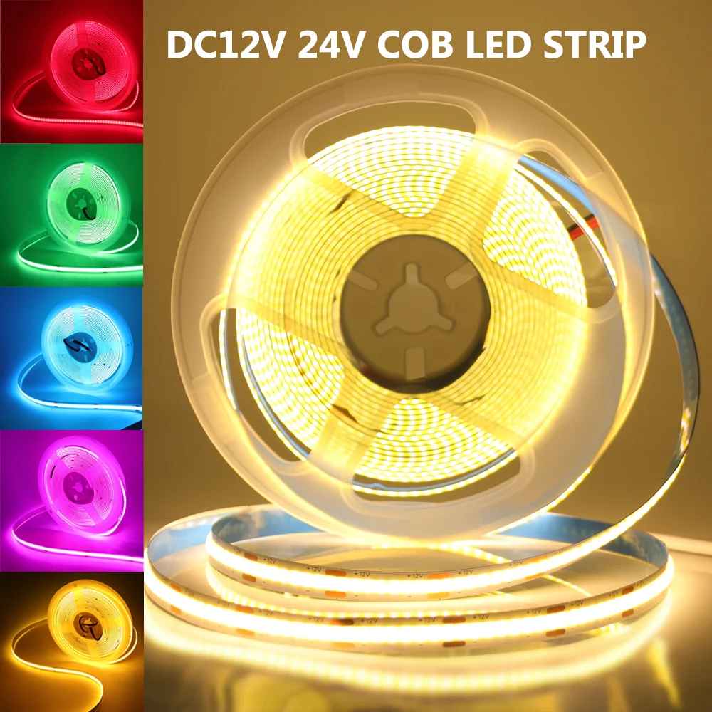 Tira de luces LED COB de alta densidad, cinta Flexible RA90 de 12V CC, 320Led/M, blanco, rojo, verde, azul, rosa, amarillo, FOB