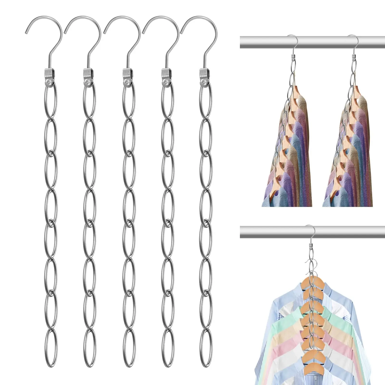 Clothing chain hanger, metal wardrobe organizer, space saving hanger, suitable for essential items in university dormitories, wardrobe organization and storage in homes, offices, cruise ships and travel, space saving hanger