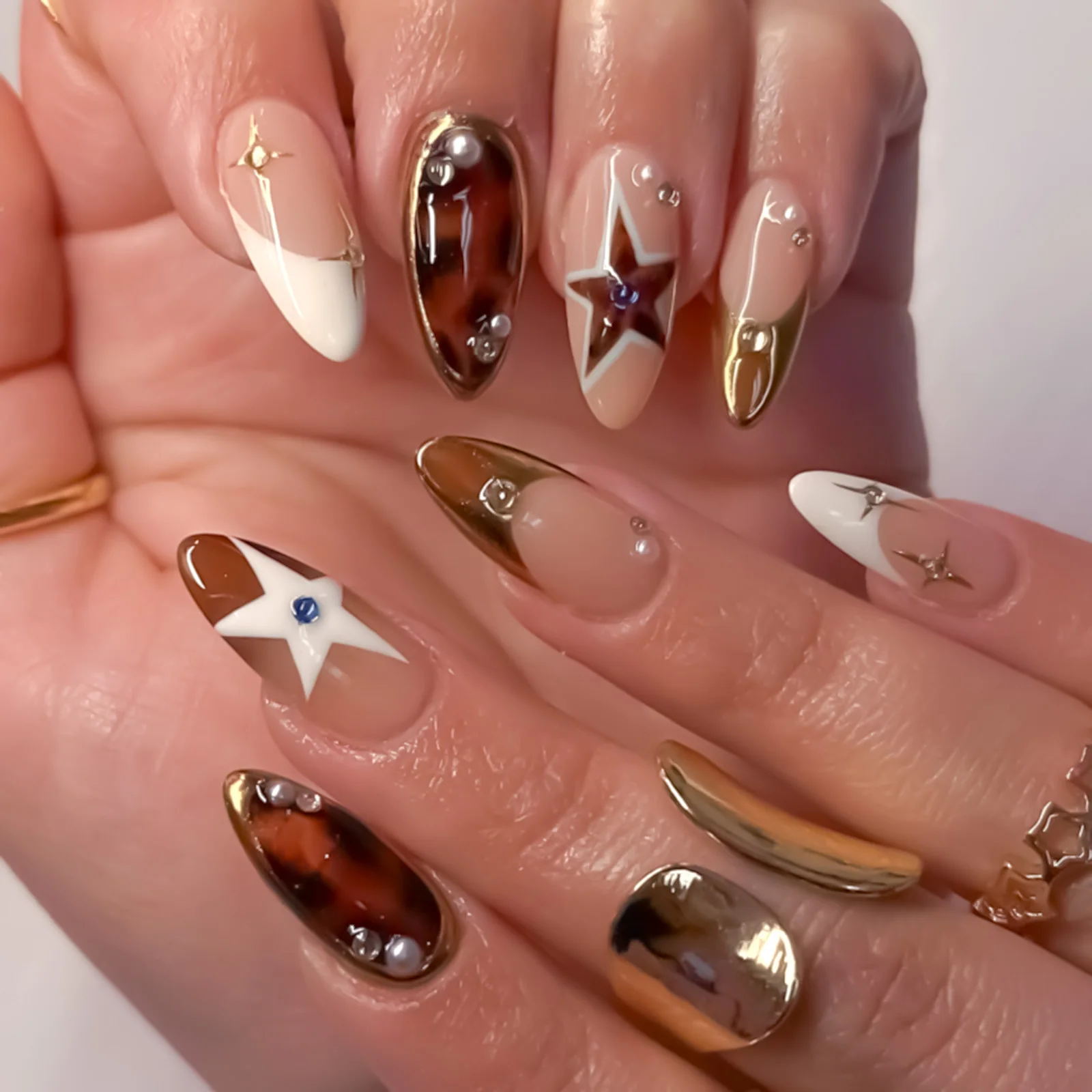 24pcs/box Fake French y2k Nails Press On Long Stiletto Almond Shape Wearable False Nails With Stars Designs Full Cover Nail Tips