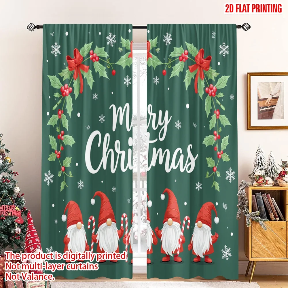 

2pcs 2D flat printing Christmas Curtains Merry Christmas Gnomes Snowflakes Fabric Without Electricity Festive Holiday Use for