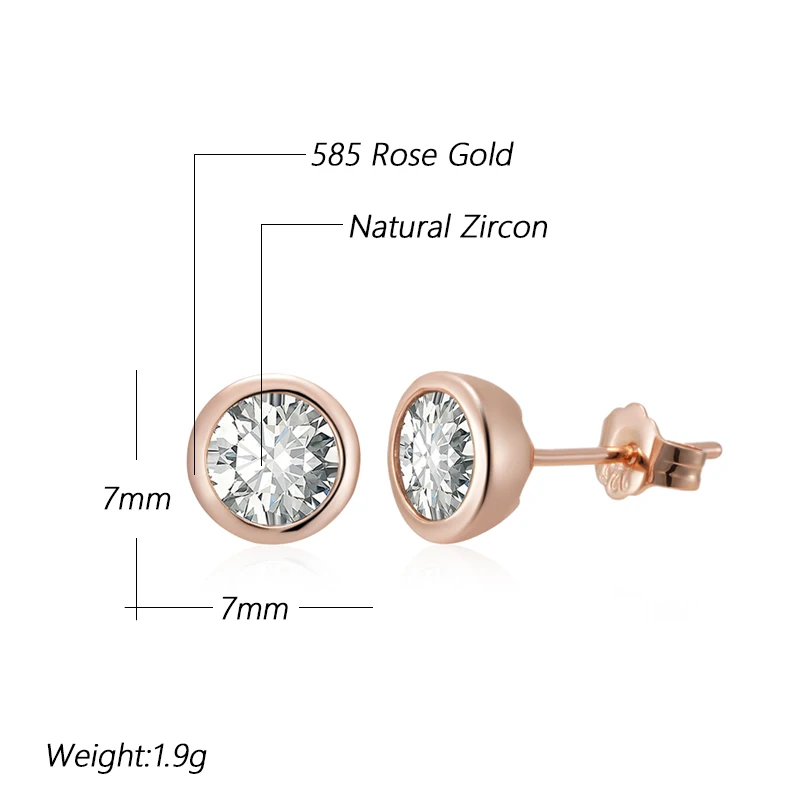 Pendientes Kinel de circonita Natural a la moda para mujer, pendientes redondos simples de Color oro rosa 585, joyería fina diaria de alta calidad