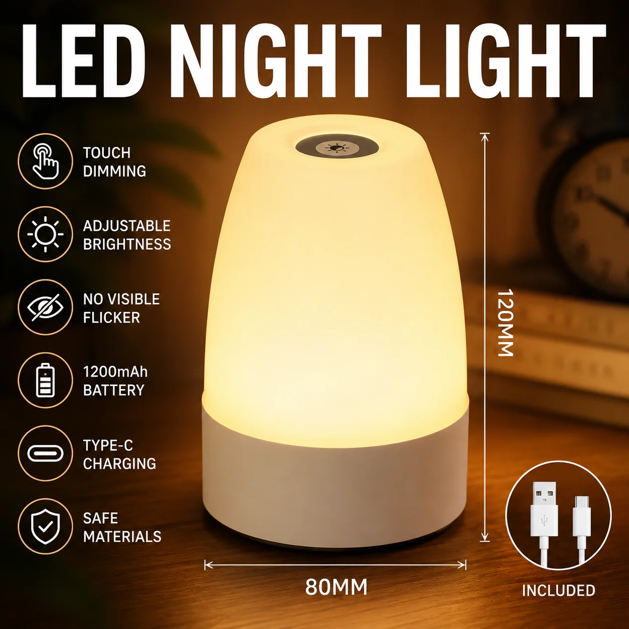 3 Colors Changing Night Light Remote Control Touch USB Rechargeable RGB Night Lamp Dimmable Lamp Portable Table Bedside Lamp 2W