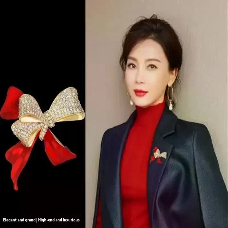 Fashion Rhinestone Red Bow Brooches For Women Clothing Coat Party Jewelry Accessries Gifts