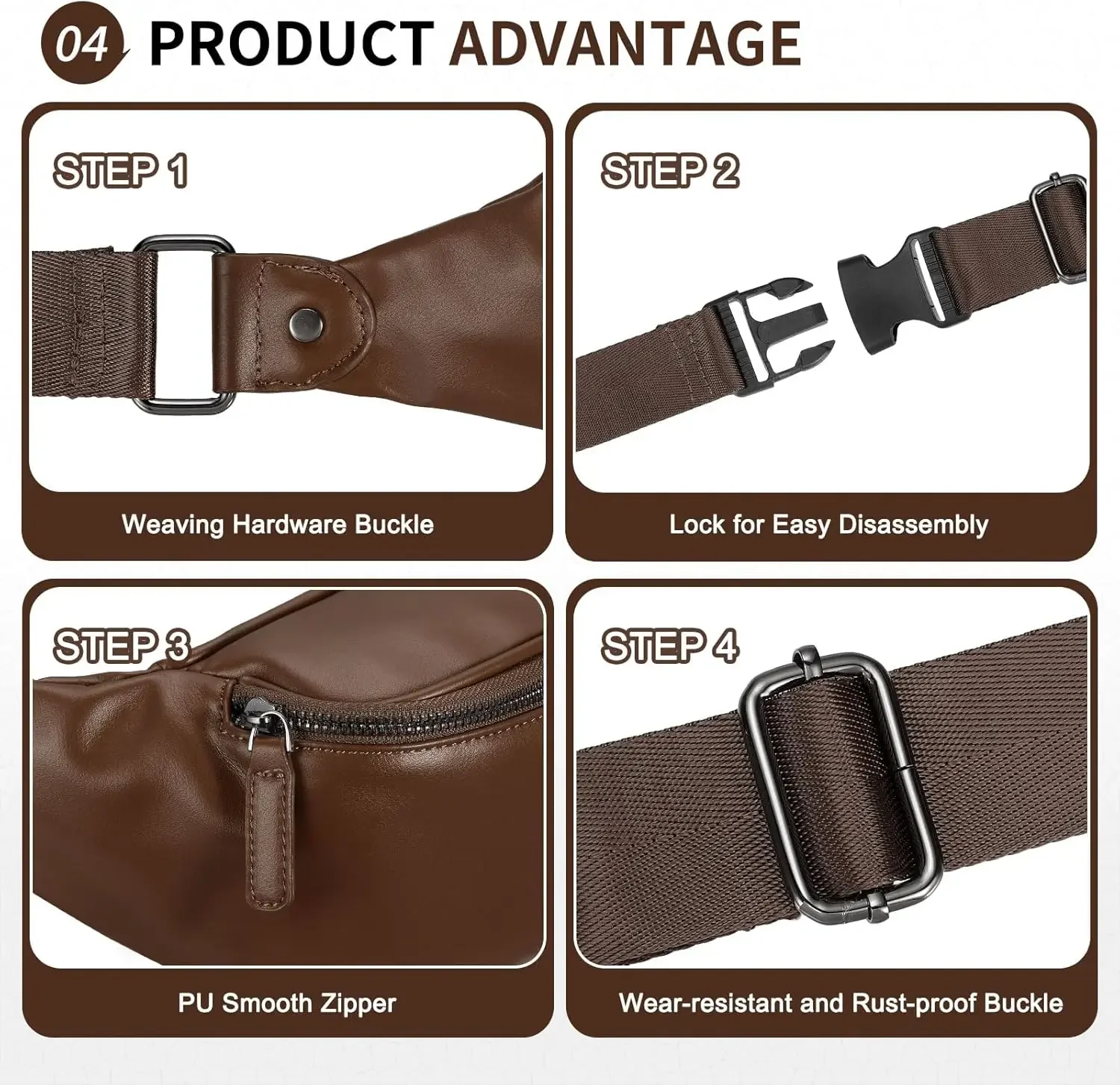 Picture 7: Soft Leather Fanny Pack for Women & Men, Crossbody Waist Pack with Adjustable Strap, Large Pocket, Sturdy Zippers, for Travel, H