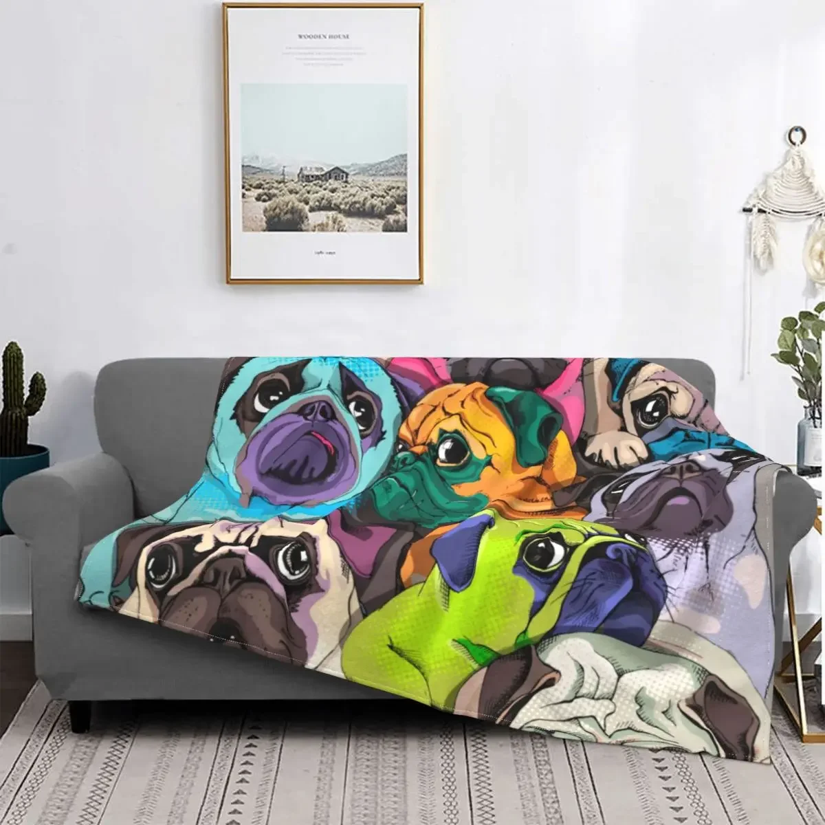 Portrait Of Many Pugs Blanket Velvet Print Dog Breathable Lightweight Thin Throw Blankets for Bedding Office Bedspread