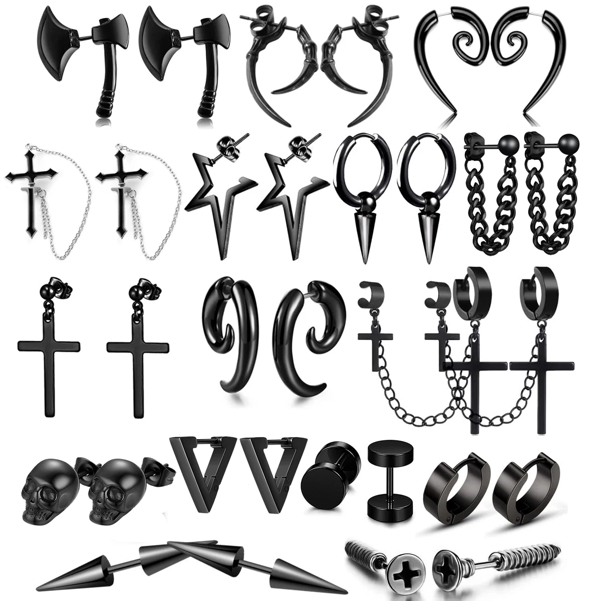 16 Pairs Unisex Punk Acrylic Stainless Steel Earrings Set Black Axe Skull Screw Cone Cross Chain Designs Stud & Hoop Earrings