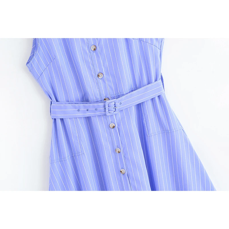 فساتين YENKYE قميص طويل مخططة باللون الأزرق للنساء بزر أمامي مع حزام على شكل حرف a بدون أكمام فساتين ماكسي أنيقة