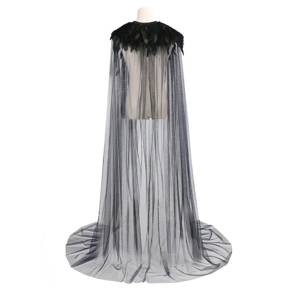 Halloween Evil Queen Villain Witch Cloak Black Steampunk Feather Collar Light Gauze Cape Cosplay Outfits Length 180cm for Adults