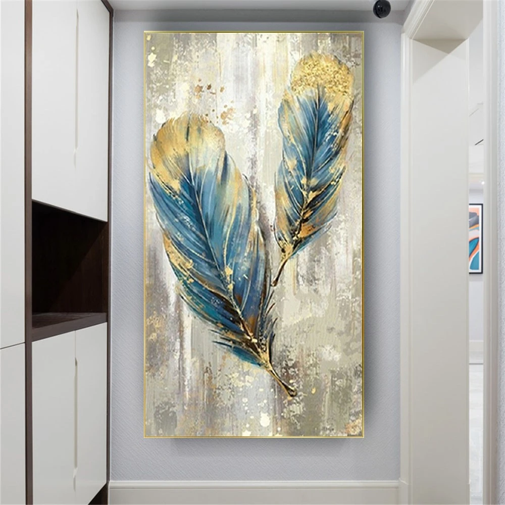 

Fashion Blue Gold Foil Feather Oil Painting Suspension Panel Wall Art Picture 100% Handmade Abstract Canvas Poster For Home Room