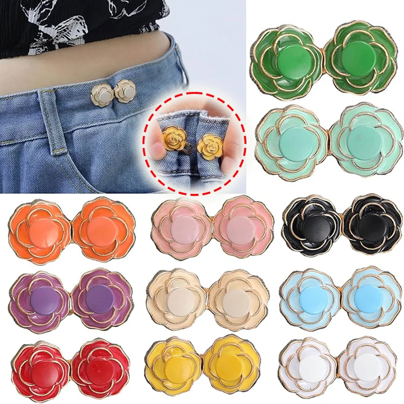 Metal Rose Flower Buttons Snap Fastener Pants Pin Detachable Clip Waist Tightening Clothing Buckle for Jeans Fit Reduce Waist