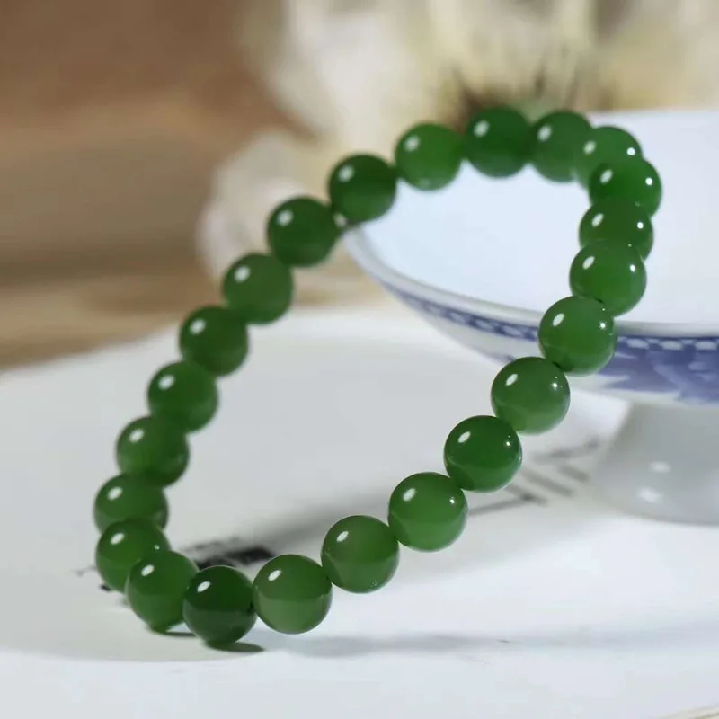 Natural Xinjiang Hetian Russian Jasper Spinach Green Pearl round Jade Bracelet for Men and Women