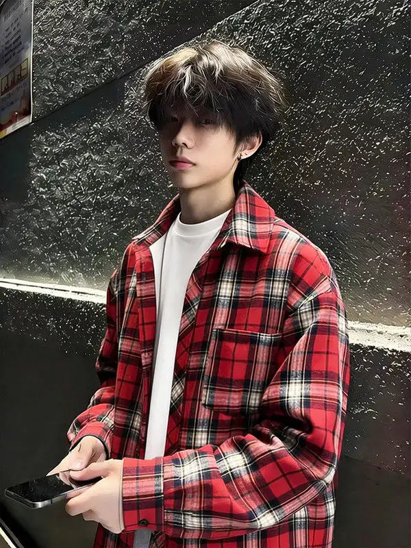 

Vintage Plaid Long Sleeve Shirt Men's Spring American High Street Thin Outerwear Layering Shirt College Style Red Checkered