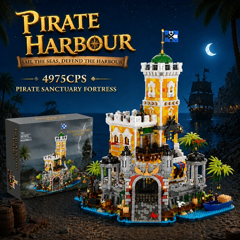 Pirate Harbour Medieval Castle Lighting Building Blocks Retro Street View Modular Assembly Model Bricks Collectible Creative Adult Gift 4975PCS