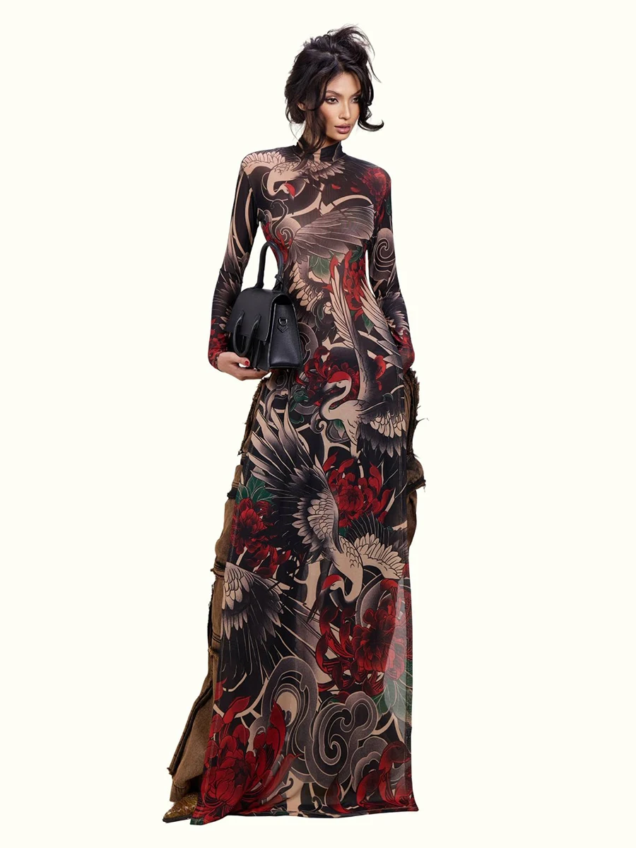 

Sisterlinda Stylish Print Split T-Shirt Women X-Long Half High Collar Full Sleeve Colorful Hottie Wild Stretch Slim Streetwear