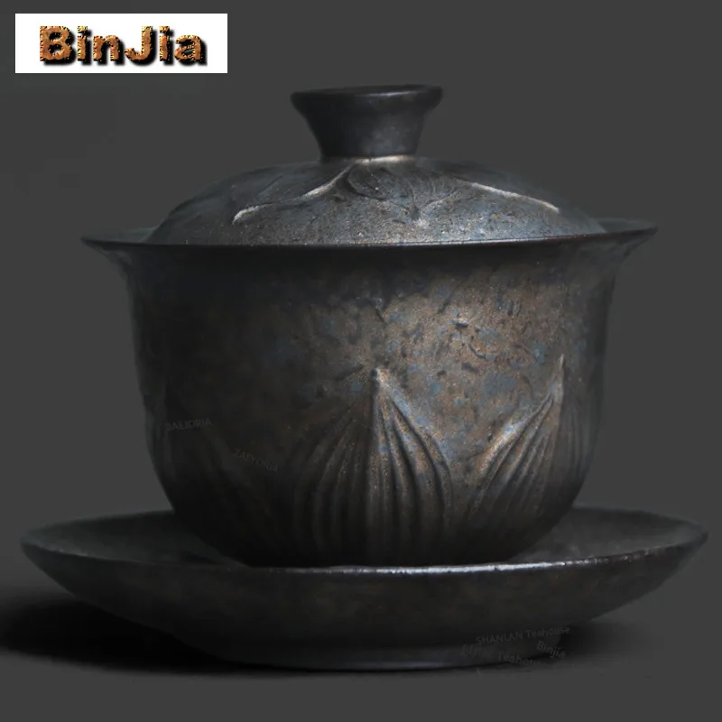 

180ml Kiln Fambe Black Gold Lotus Rhyme Gaiwan Japanese Tea Tureen Tea Bowl With Lid Kit Tea Maker Cover Bowl Cafes Collection