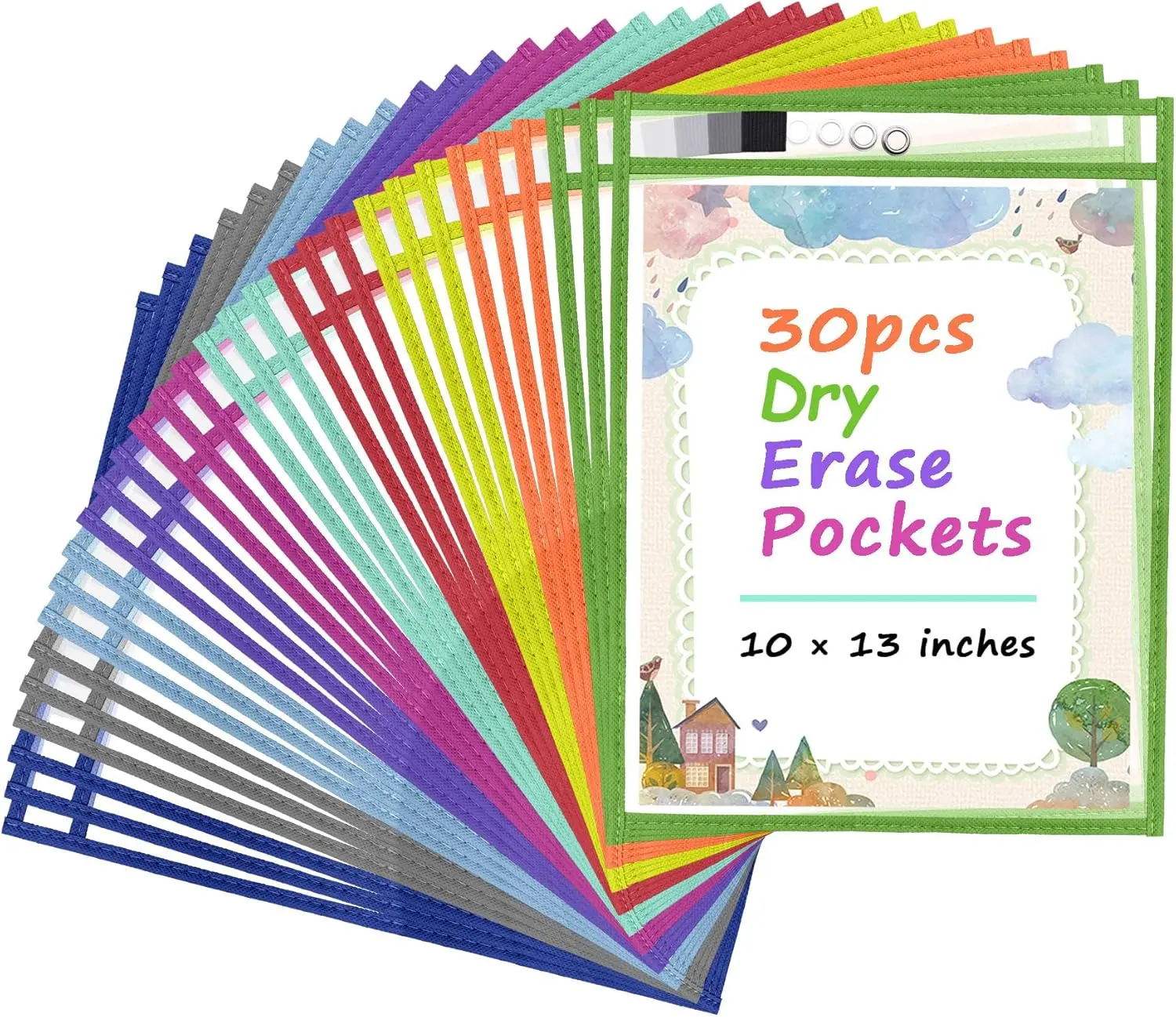 

30 Pack Oversized Dry Erase Pockets Reusable Ticket Holders with Pen Loop, Clear Plastic Sheet Protectors for Classroom Office