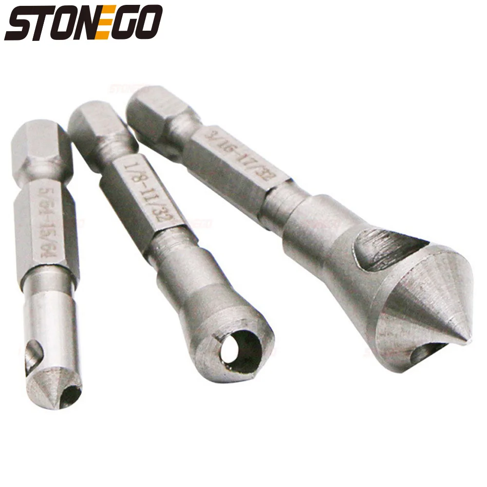 STONEGO 3PCS 90° Countersink Bit Set for Deburring, Tapping, and Chamfering in Wood, Soft Metal, and Plastic