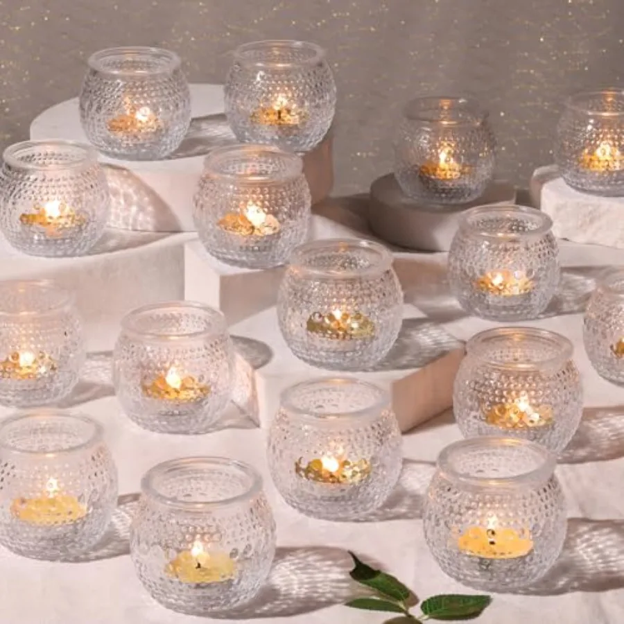 

40 Pcs Clear Votive Candle Holders, Round Votive Candle Holders with Polka Dot Embossed for Table Centerpiece, Tealight Candle