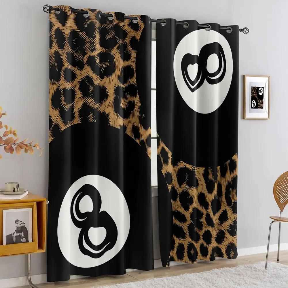 Cortinas Modernas com Estampa de Leopardo e Padrão de 8 Bolas de Bilhar, Geométricas em Preto e Bege, Cortinas Bloqueadoras de Luz para Sala de Estar
