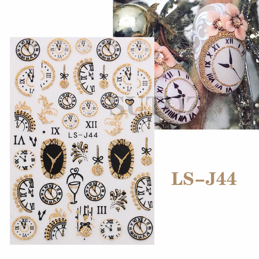 New Year Nail Stickers 2023 Countdown Clock Design Champagne Baubles Shiny Glitter Sliders For Nails Penguin Cat Decals