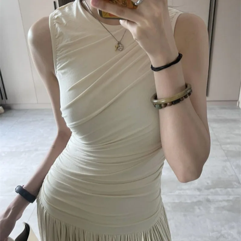 فستان ميدي عتيق مكشكش بدون أكمام للنساء بخصر عالٍ مطوي على شكل حرف A فستان طويل للسيدات ملابس صيفية أنيقة عصرية 2025